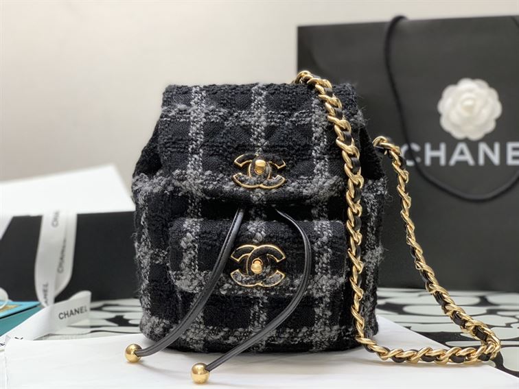 Backpack Wool Tweed & Gold-Tone Metal Black & Gray – CB013