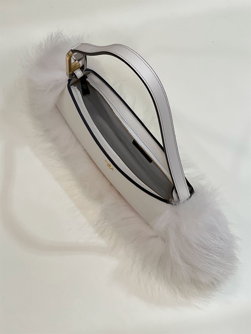 Fendi O’Lock Swing Camellia leather fox fur pouch – FB014
