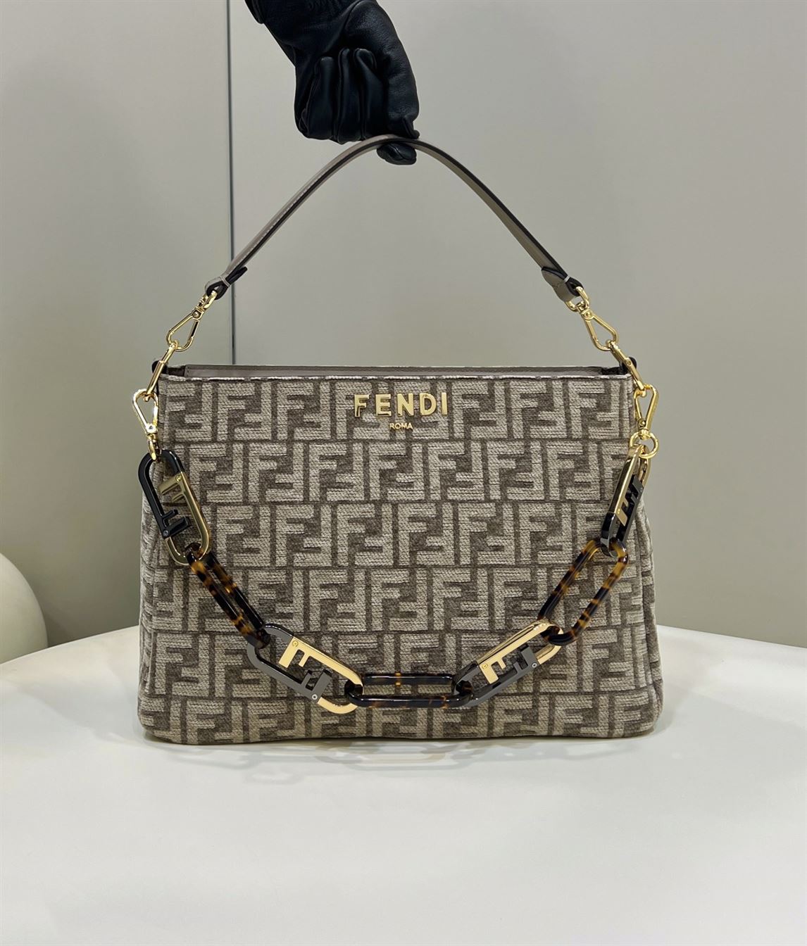 Fendi O’Lock Zip Dove grey tapestry fabric bag – FB027