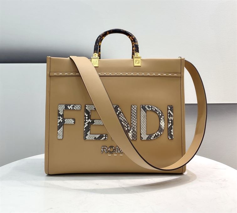 Fendi Sunshine Medium Light brown leather and elaphe shopper bag – FB006