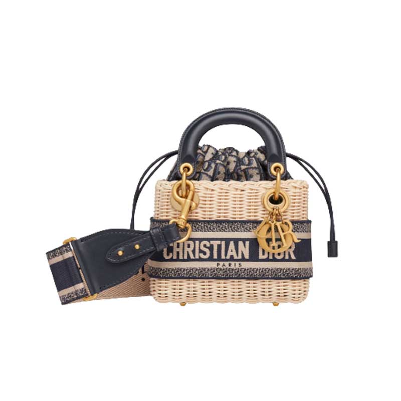 Mini Lady Dior bag Natural Wicker Blue Dior Oblique Jacquard – DB006