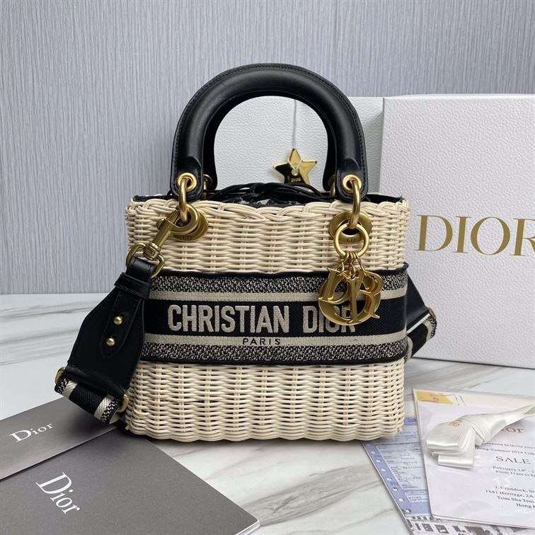 Mini Lady Dior bag Natural Wicker Blue Dior Oblique Jacquard – DB006