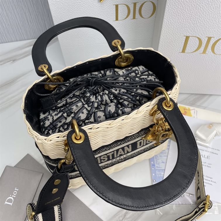 Mini Lady Dior bag Natural Wicker Blue Dior Oblique Jacquard – DB006