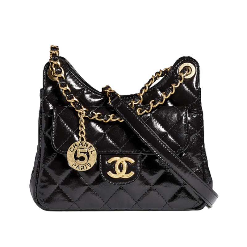Small Hobo Bag Shiny Crumpled Calfskin & Gold-Tone Metal Black – CB014