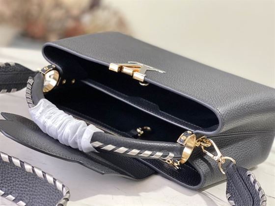 Capucines MM handbag Black Taurillon leather Gray Etain Metallic – LB035
