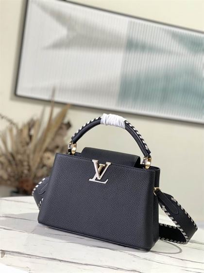 Capucines MM handbag Black Taurillon leather Gray Etain Metallic – LB035