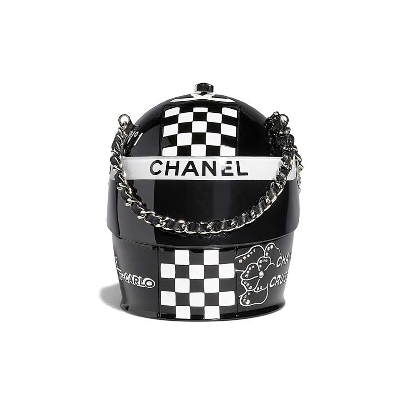 Helmet Minaudiere Black & White Resin, Strass & Silver-Tone Metal – CB024