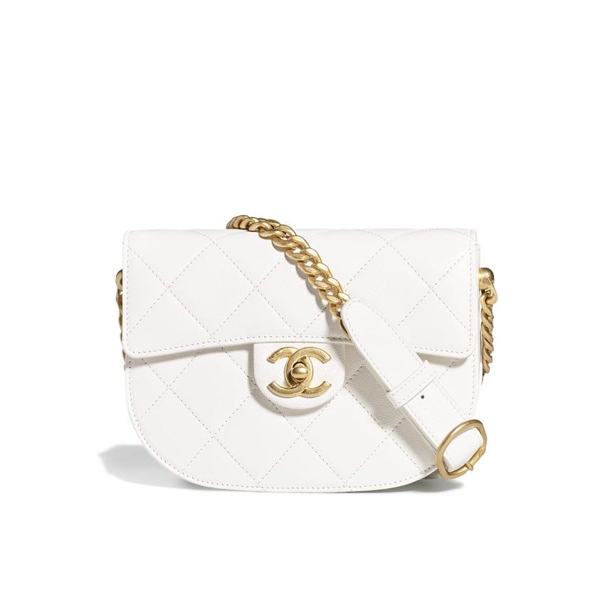 Messenger Bag Grained Calfskin & Gold-Tone Metal White – CB021