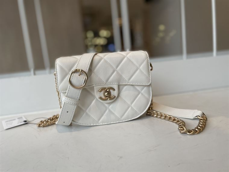 Messenger Bag Grained Calfskin & Gold-Tone Metal White – CB021