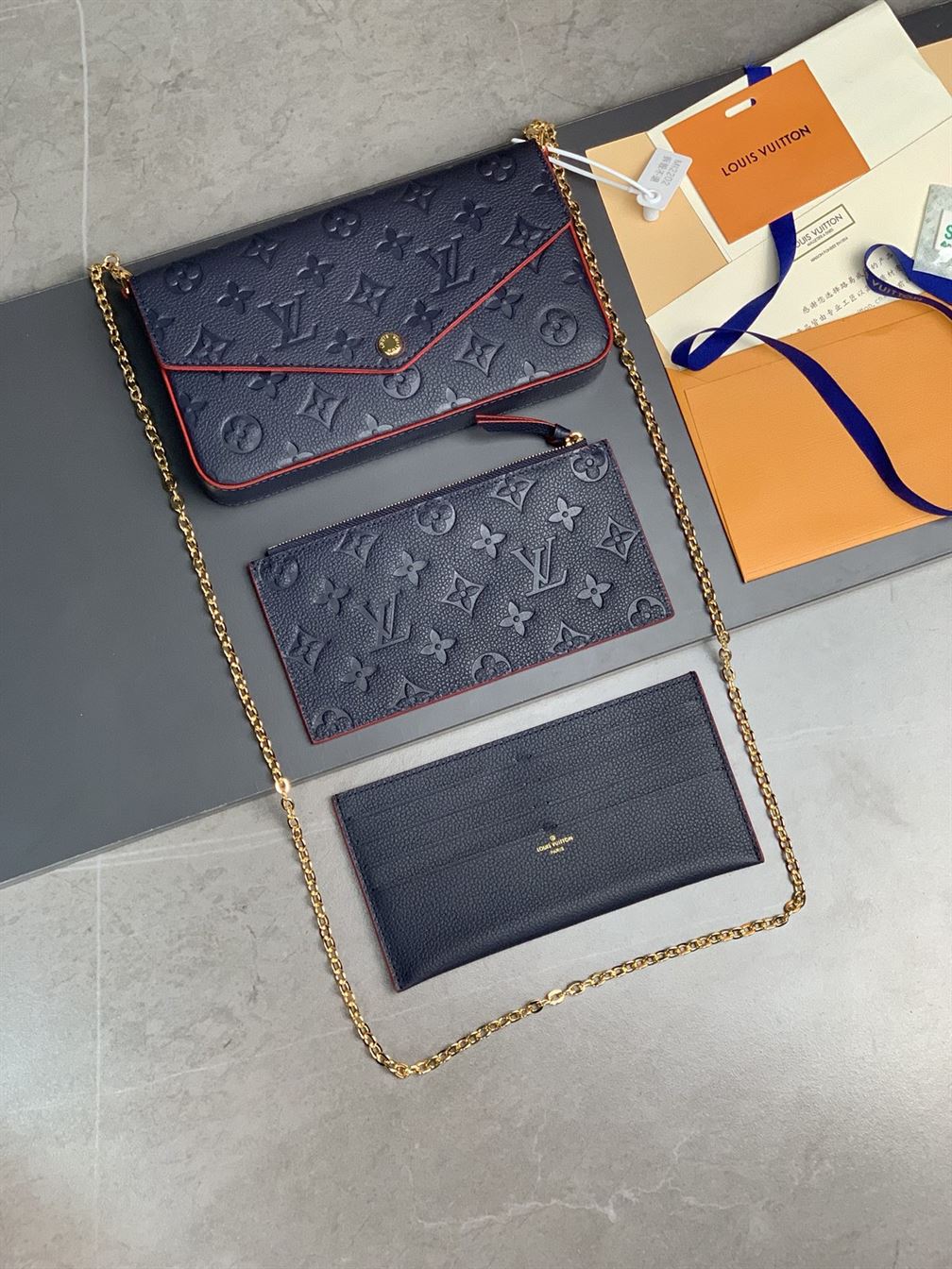 Pochette Félicie Navy Blue Red Monogram Empreinte embossed – LB046