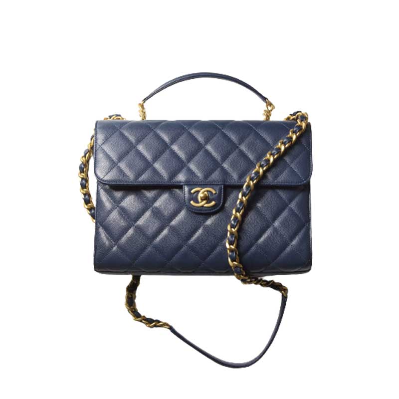 Satchel Navy Blue Grained Calfskin & Gold-Tone Metal – CB023