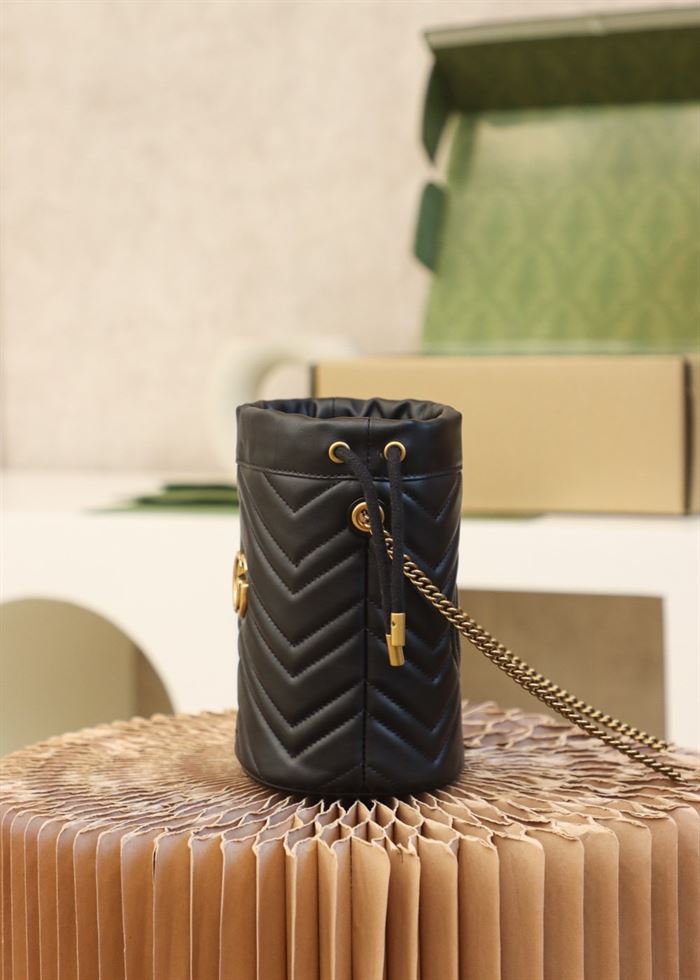 GG Marmont mini bucket bag Black matelassé chevron leather – GB158