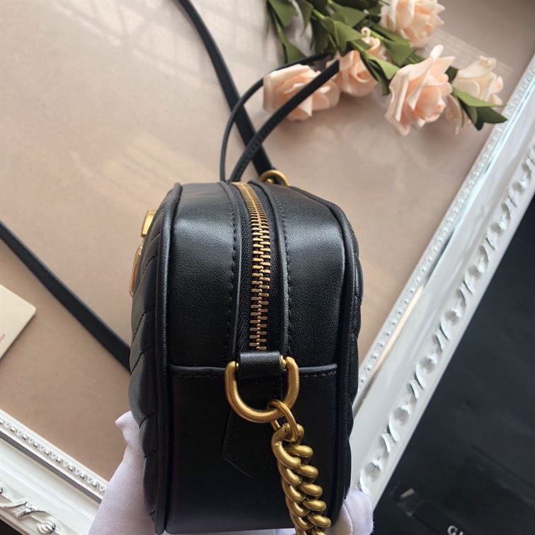 GG Marmont mini shoulder bag Black matelassé chevron leather  – GB146