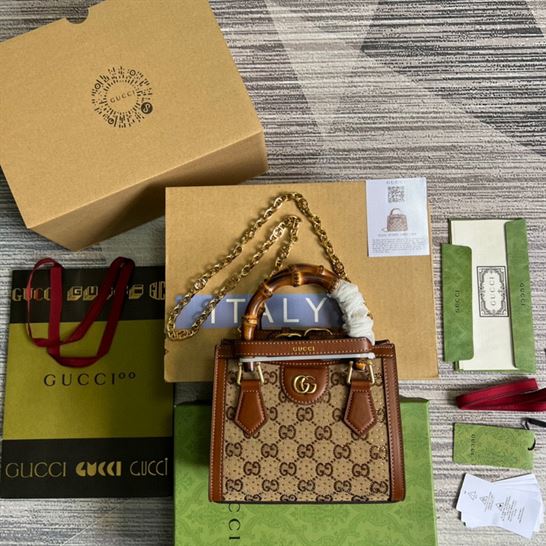Gucci Diana mini tote bag Camel and ebony GG canvas with crystals – GB174