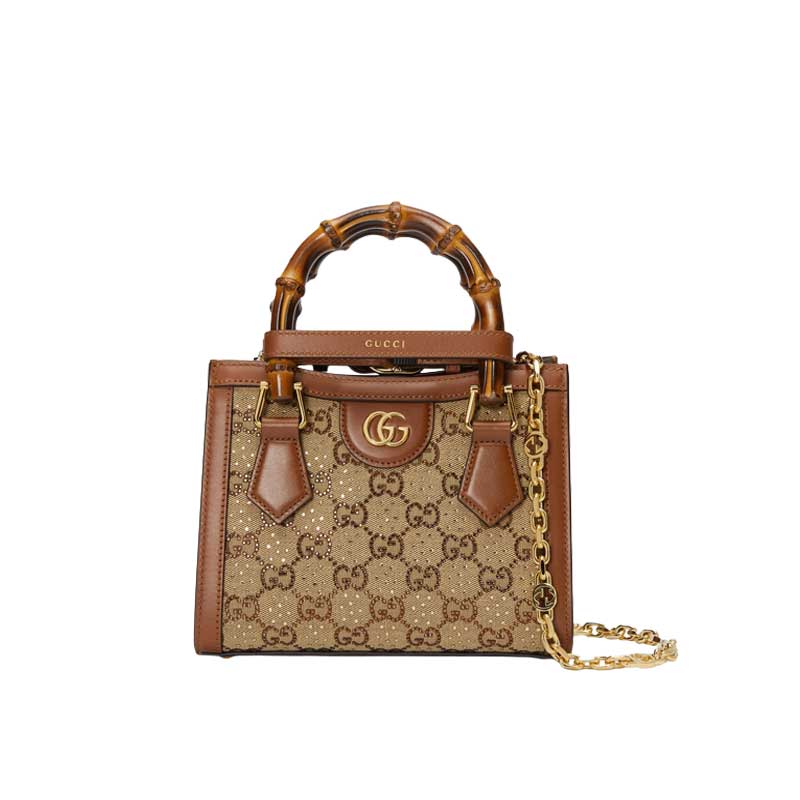 Gucci Diana mini tote bag Camel and ebony GG canvas with crystals – GB174