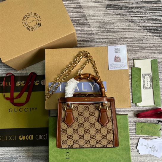 Gucci Diana mini tote bag Camel and ebony GG canvas with crystals – GB174
