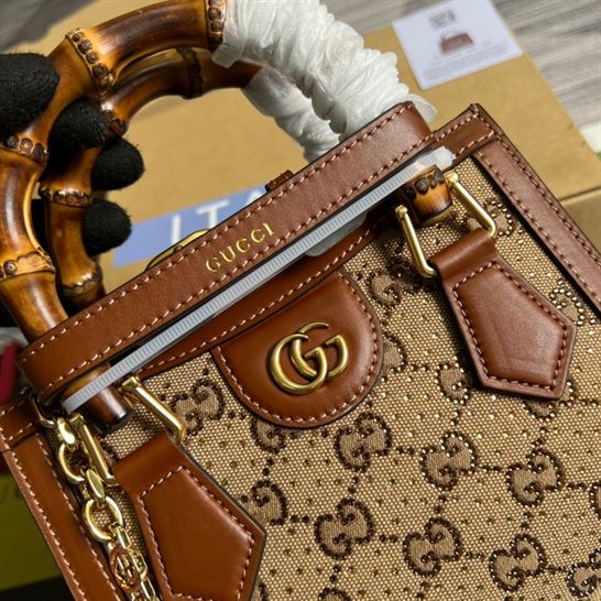Gucci Diana mini tote bag Camel and ebony GG canvas with crystals – GB174