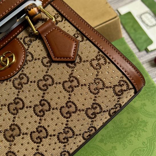 Gucci Diana mini tote bag Camel and ebony GG canvas with crystals – GB174