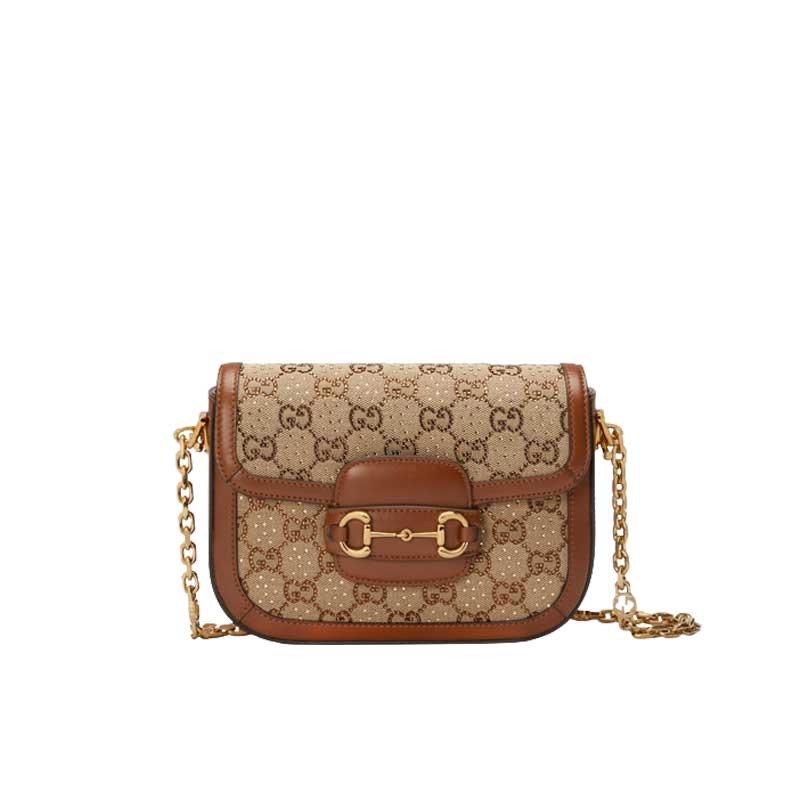 Gucci Horsebit 1955 GG mini bag Camel ebony canvas with crystals – GB136
