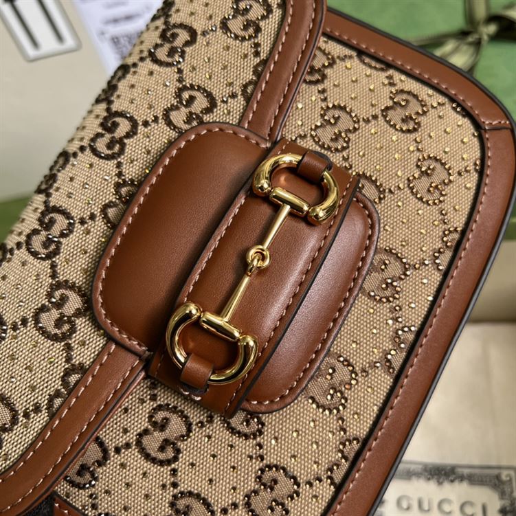 Gucci Horsebit 1955 GG mini bag Camel ebony canvas with crystals – GB136