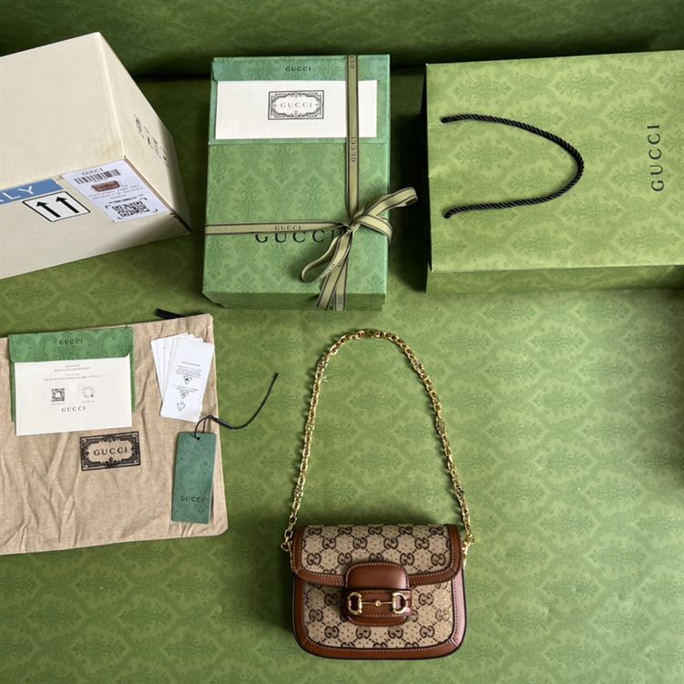 Gucci Horsebit 1955 GG mini bag Camel ebony canvas with crystals – GB136