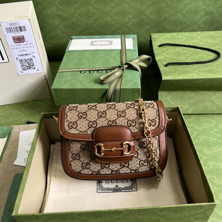 Gucci Horsebit 1955 GG mini bag Camel ebony canvas with crystals – GB136