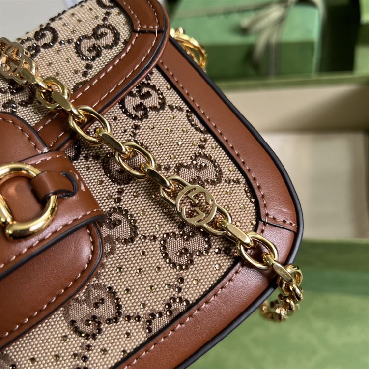 Gucci Horsebit 1955 GG mini bag Camel ebony canvas with crystals – GB136