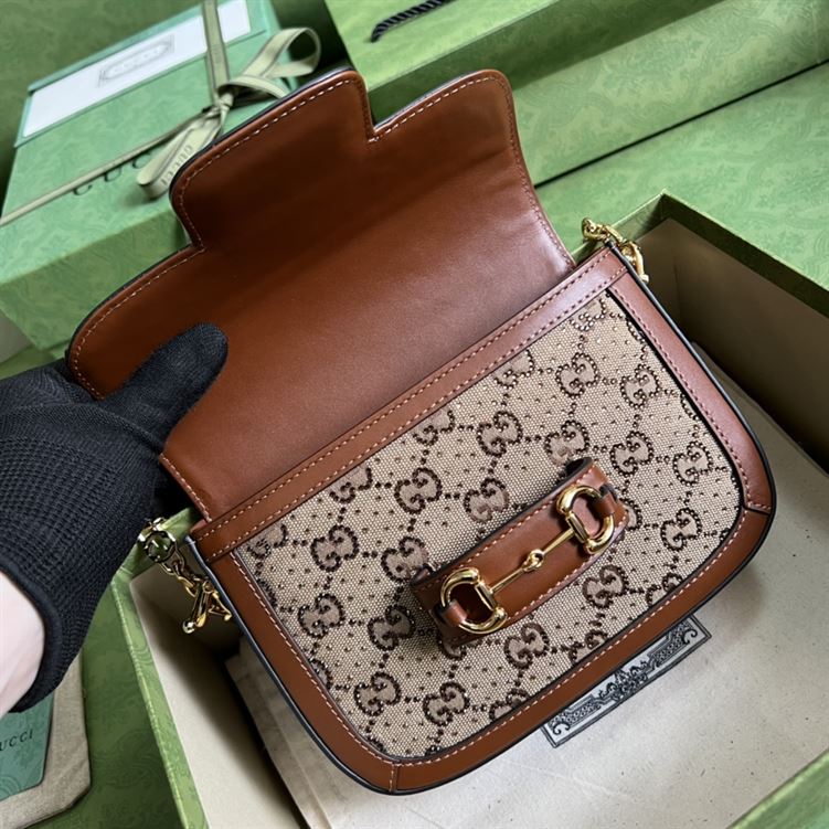 Gucci Horsebit 1955 GG mini bag Camel ebony canvas with crystals – GB136