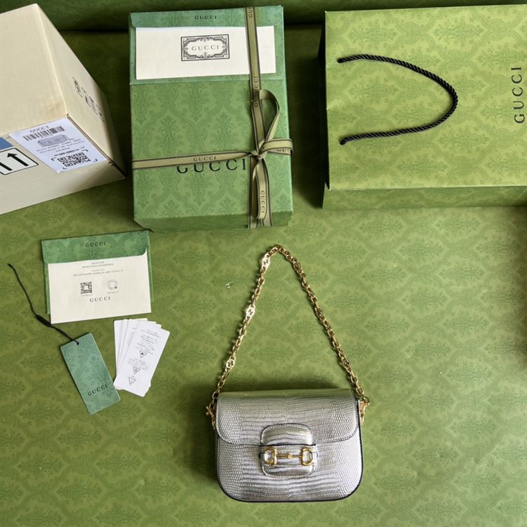 Gucci Horsebit 1955 lizard mini bag Silver lamé lizard – GB106