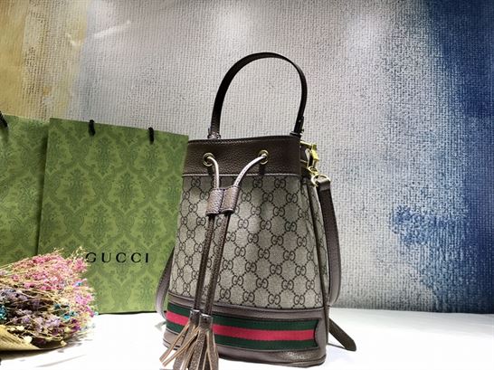Ophidia GG small bucket bag Beige/ebony Brown leather trim – GB085
