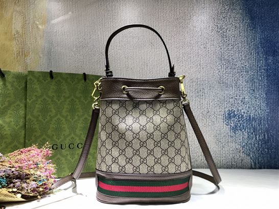 Ophidia GG small bucket bag Beige/ebony Brown leather trim – GB085