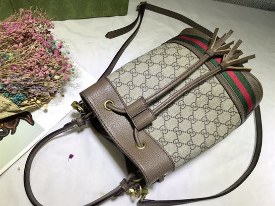 Ophidia GG small bucket bag Beige/ebony Brown leather trim – GB085