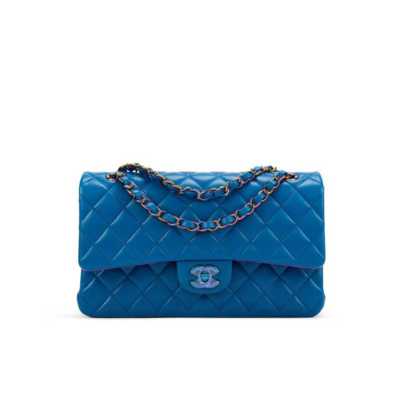 Chanel Classic Medium Blue Lambskin Rainbow Hardware – CB031