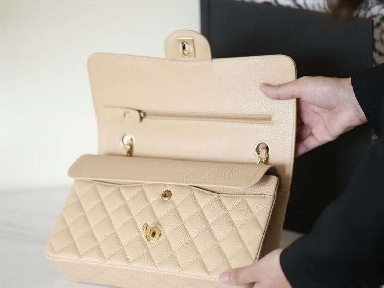 Chanel Classic Medium Caviar Flap Beige Gold Hardware – CB041