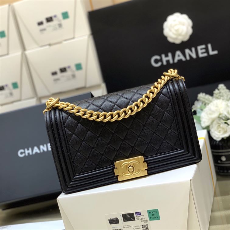 Chanel Medium Boy Bag Black Caviar Antique Gold Hardware – CB048