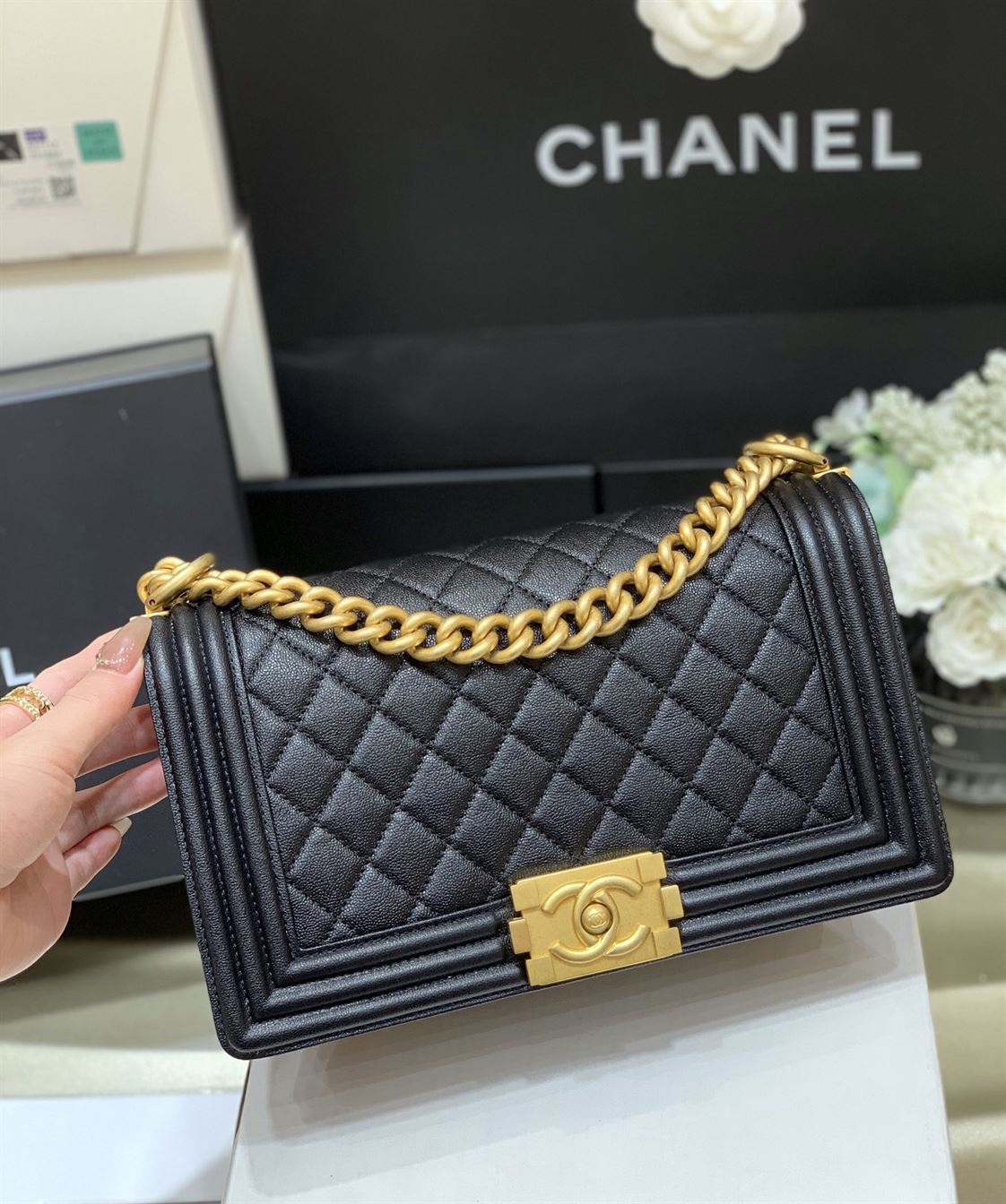 Chanel Medium Boy Bag Black Caviar Antique Gold Hardware – CB048