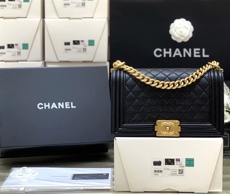 Chanel Medium Boy Bag Black Caviar Antique Gold Hardware – CB048