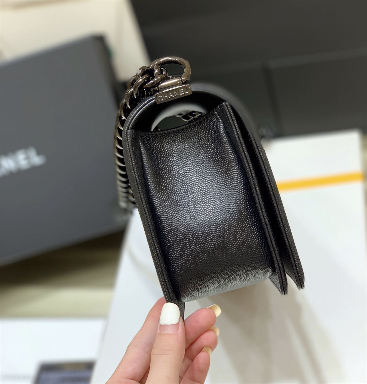 Chanel Medium Boy Bag Black Caviar Antique Silver Hardware – CB049