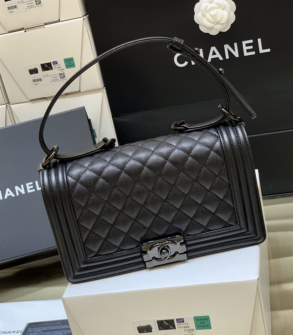 Chanel Medium Boy Bag Black Caviar Antique Silver Hardware – CB049