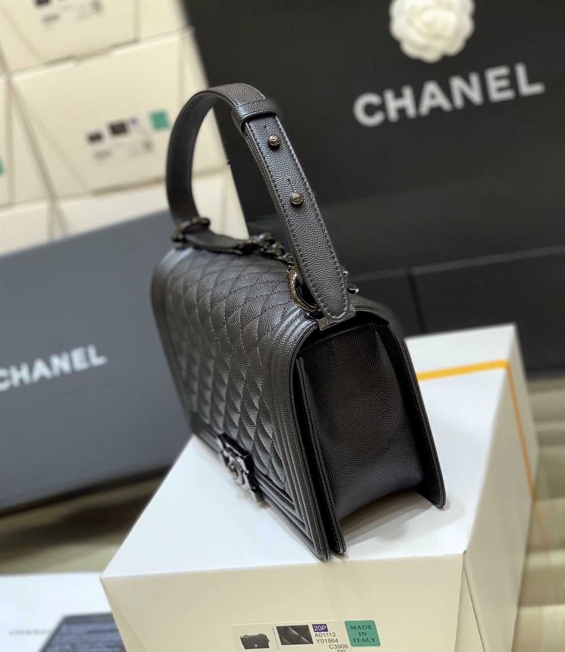 Chanel Medium Boy Bag Black Caviar Antique Silver Hardware – CB049
