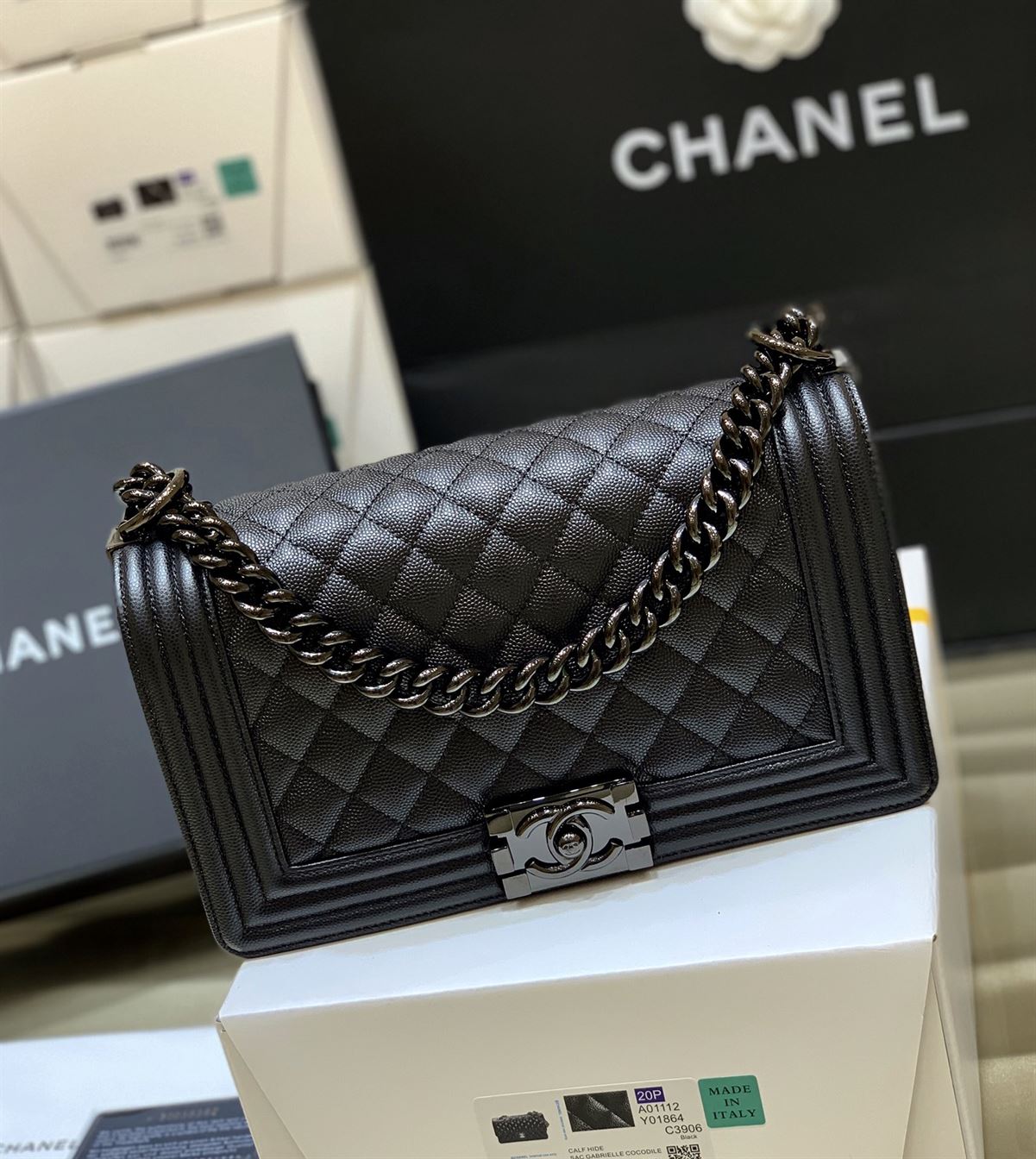 Chanel Medium Boy Bag Black Caviar Antique Silver Hardware – CB049