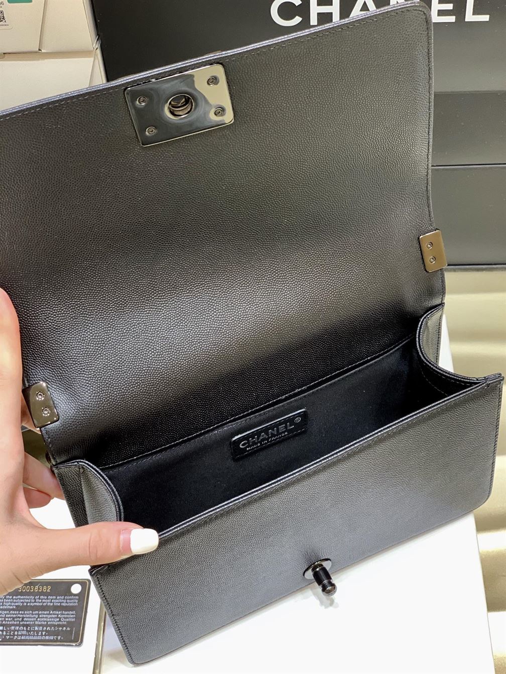 Chanel Medium Boy Bag Black Caviar Antique Silver Hardware – CB049