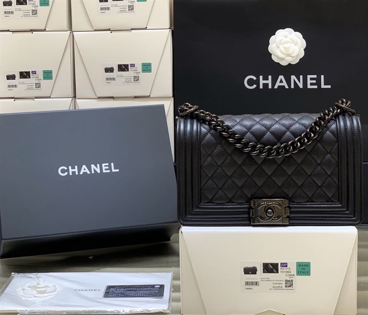 Chanel Medium Boy Bag Black Caviar Antique Silver Hardware – CB049