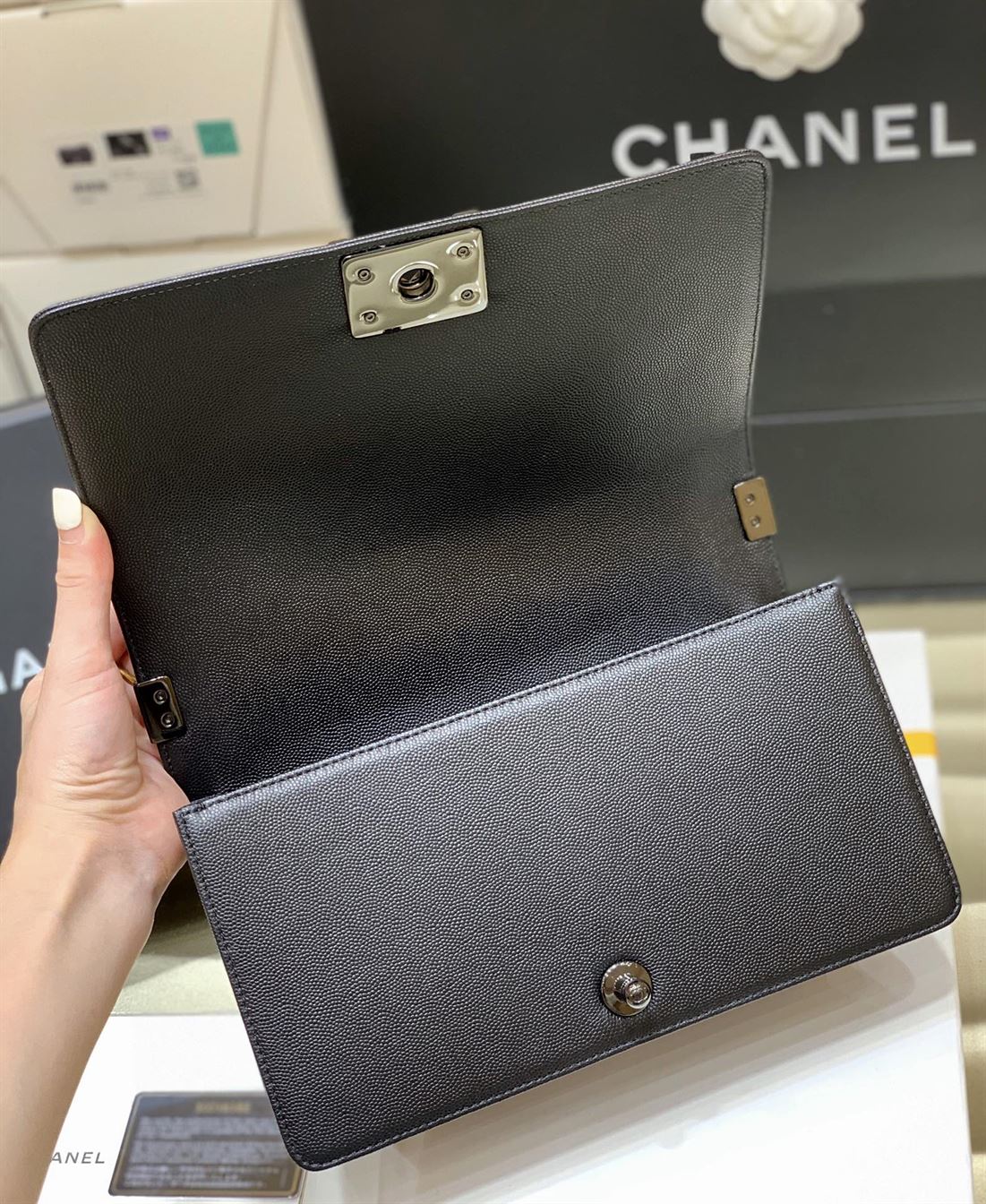 Chanel Medium Boy Bag Black Caviar Antique Silver Hardware – CB049