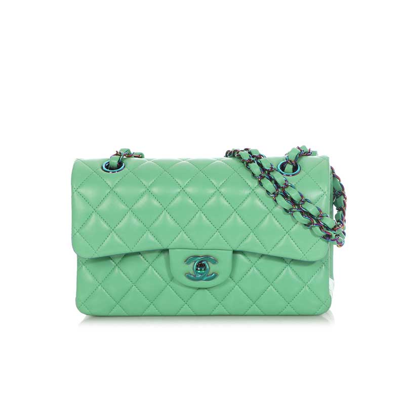 Chanel Medium Green Quilted Lambskin Classic Double Flap Rainbow – CB033