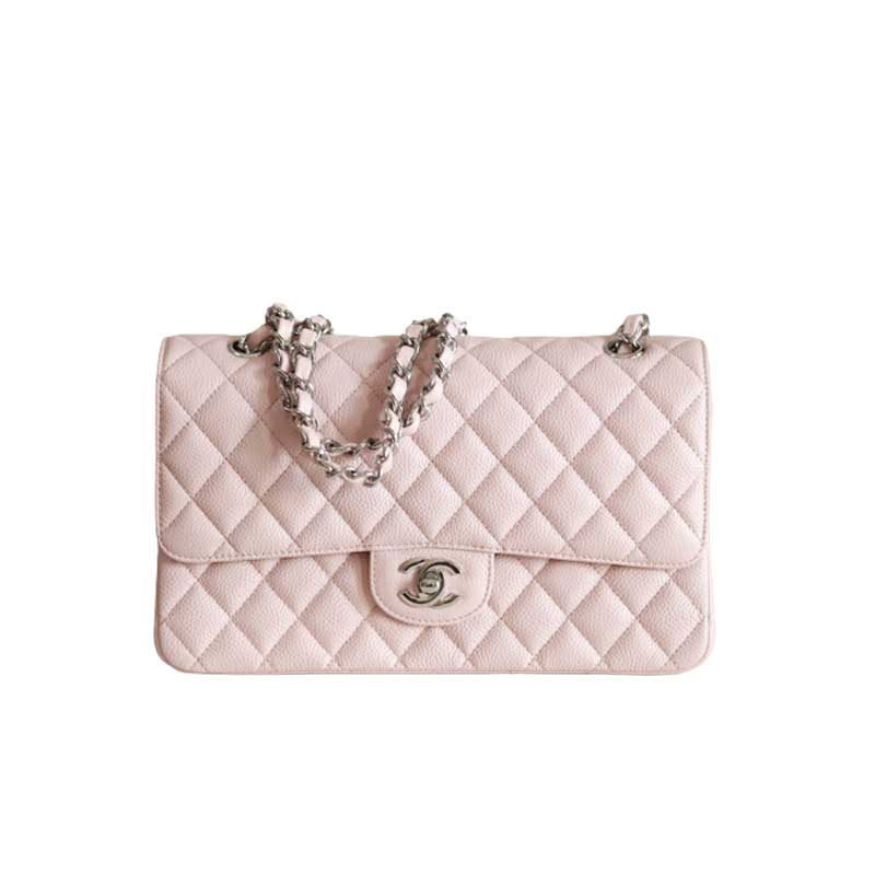 Classic Medium Double Flap Rose Clair Quilted Caviar silver hardware – CB040