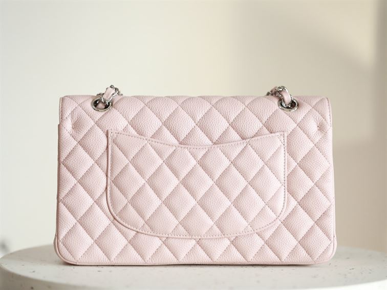 Classic Medium Double Flap Rose Clair Quilted Caviar silver hardware – CB040