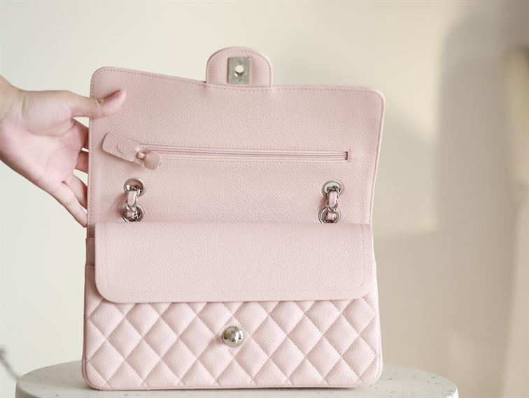 Classic Medium Double Flap Rose Clair Quilted Caviar silver hardware – CB040
