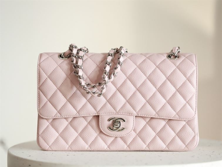 Classic Medium Double Flap Rose Clair Quilted Caviar silver hardware – CB040