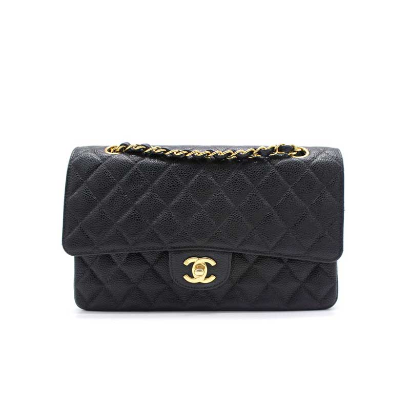 Quilted Caviar Leather Gold-Tone Black Classic Double Flap Bag – CB035